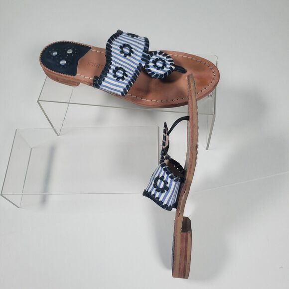 Jack Rogers Women’s Sandals Size 6.5 Blue White Pinstripe Leather Thong Flats - Picture 2 of 7